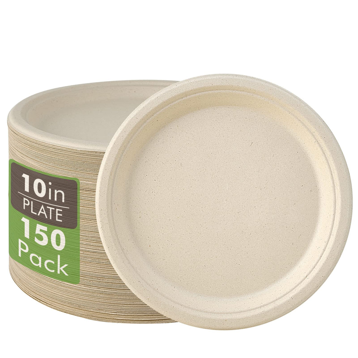 Vplus 150 Pack Compostable Bagasse Paper Plates 10.25 inch, Nature