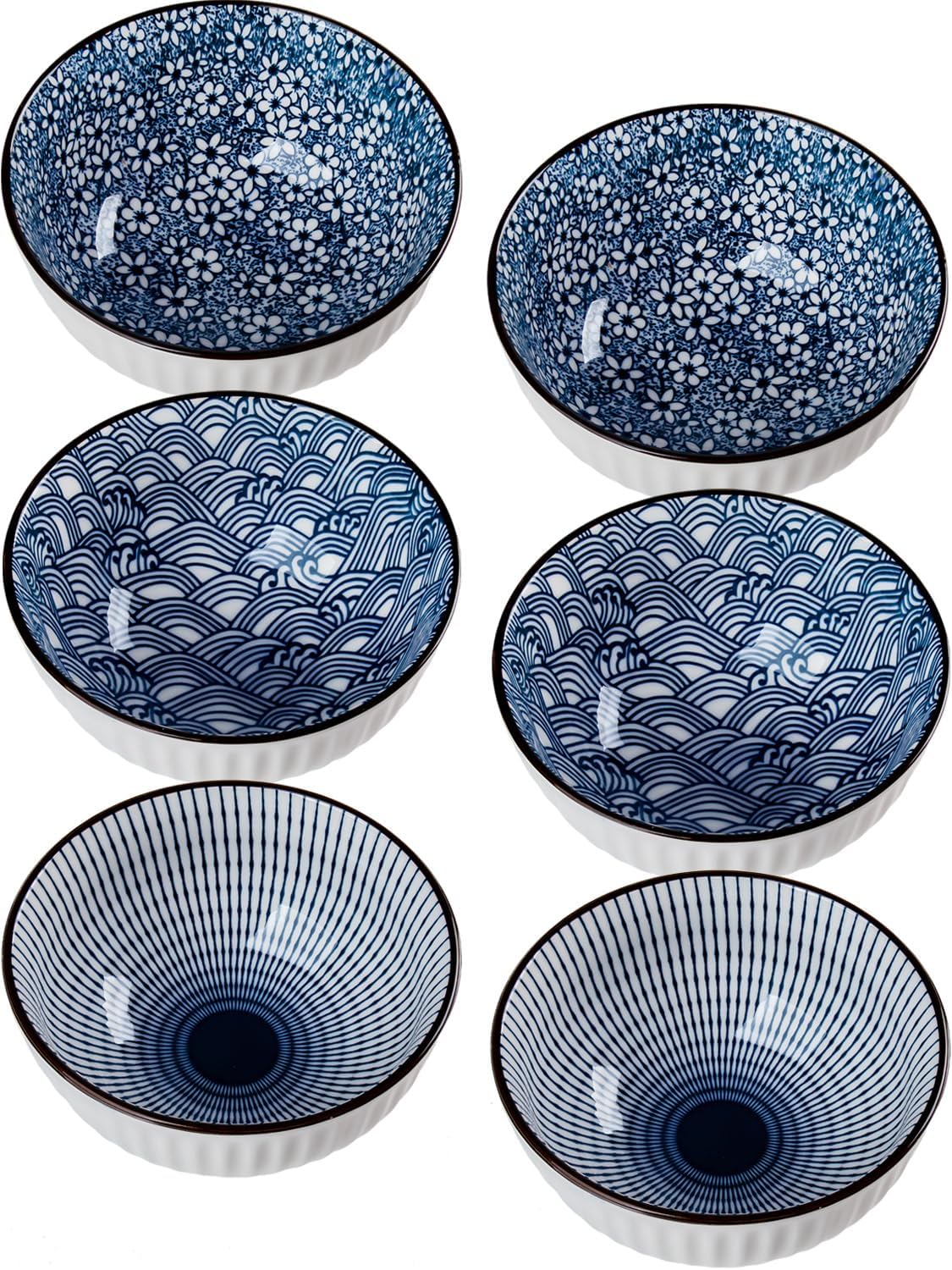 10 oz Small Ceramic Bowls Set of 6, 4.5 Inch Japanese Blue and White Bowls for Ice Cream, Rice, Dessert, Snack, Dipping, Microwave and Dishwasher Safe - Mixing Pattern