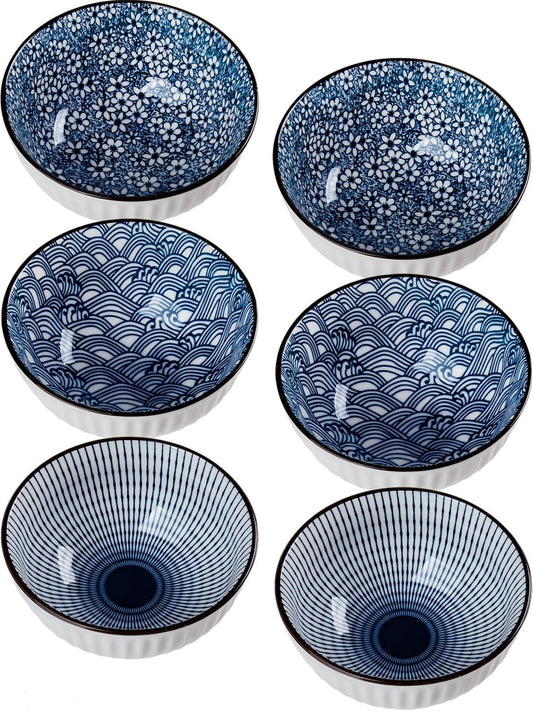 10 oz Small Ceramic Bowls Set of 6, 4.5 Inch Japanese Blue and White Bowls for Ice Cream, Rice, Dessert, Snack, Dipping, Microwave and Dishwasher Safe - Mixing Pattern