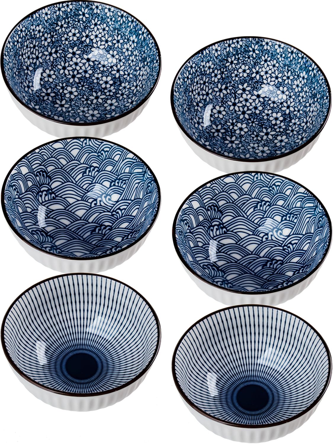 10 oz Small Ceramic Bowls Set of 6, 4.5 Inch Japanese Blue and White Bowls for Ice Cream, Rice, Dessert, Snack, Dipping, Microwave and Dishwasher Safe - Mixing Pattern