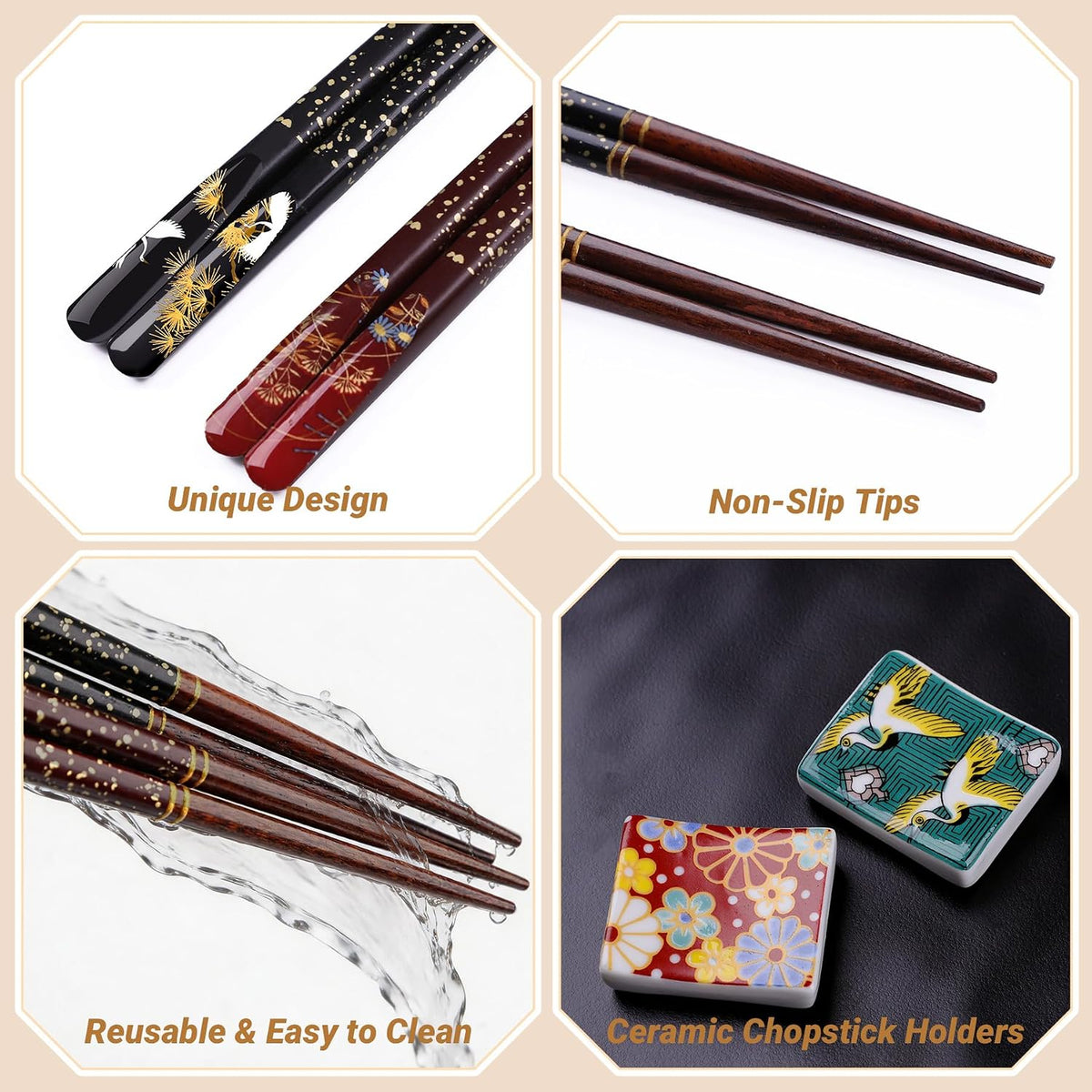 Antner 2 Pairs Reusable Wooden Chopsticks with 2PCS Ceramic Rests Set, 9in