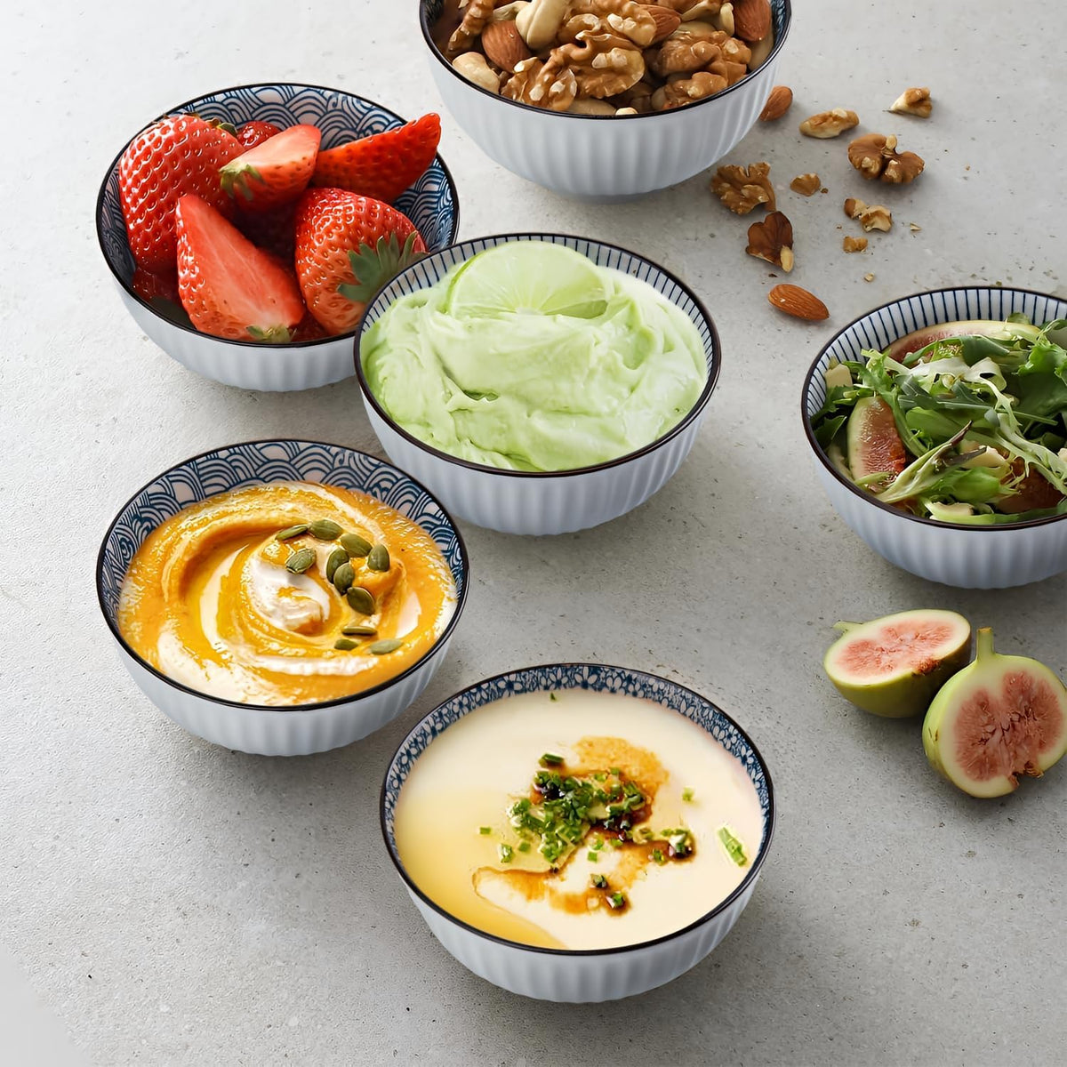 10 oz Small Ceramic Bowls Set of 6, 4.5 Inch Japanese Blue and White Bowls for Ice Cream, Rice, Dessert, Snack, Dipping, Microwave and Dishwasher Safe - Mixing Pattern
