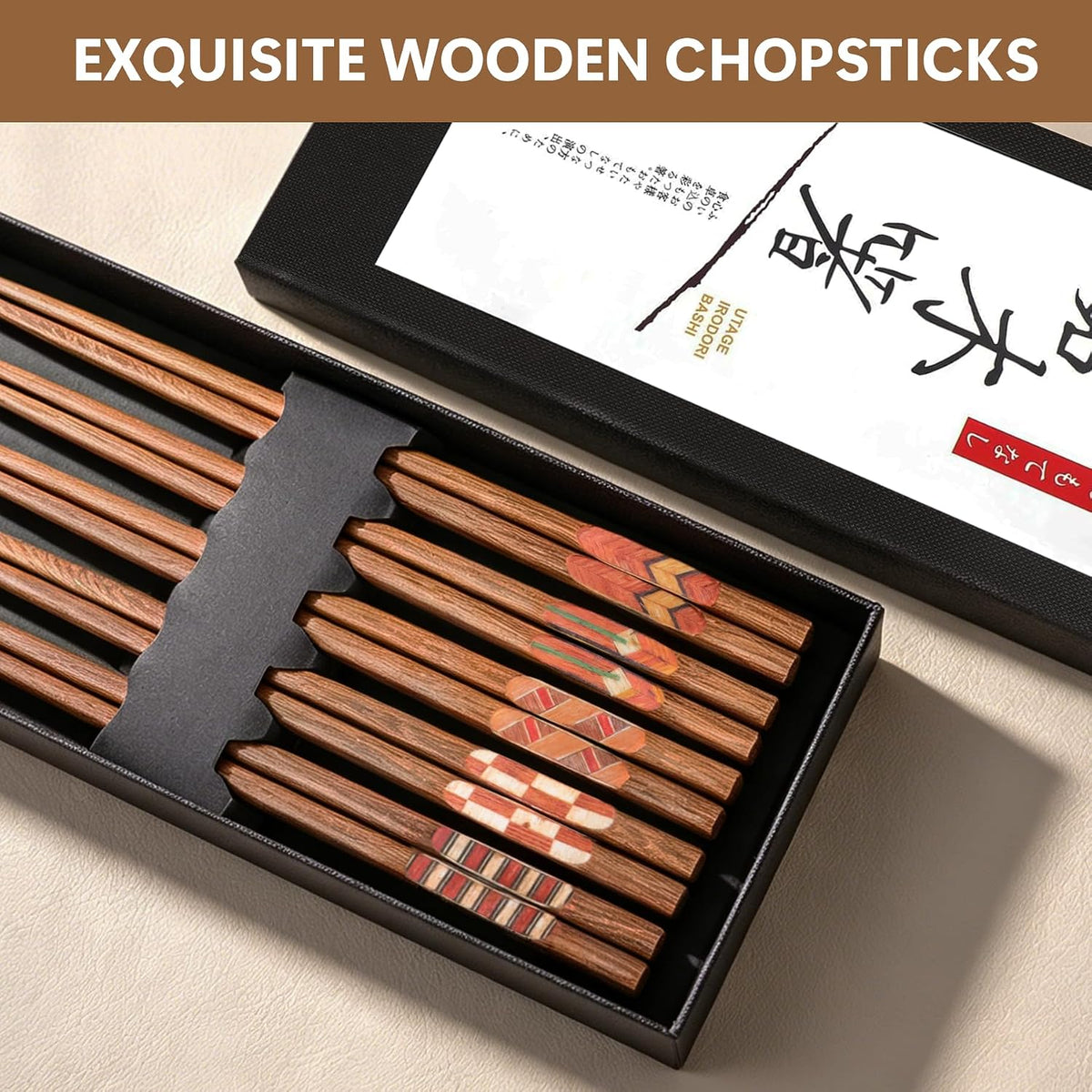 Antner 5 Pairs Wooden Chopsticks Reusable Japanese Hardwood Chop Sticks