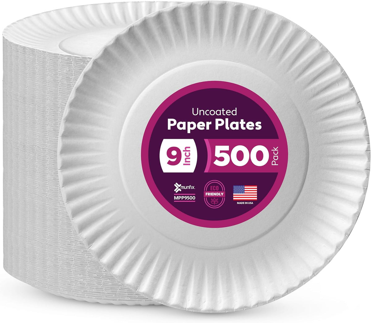500 Uncoated Paper Plates 9 Inch, Everyday Disposable White Dinner Plates