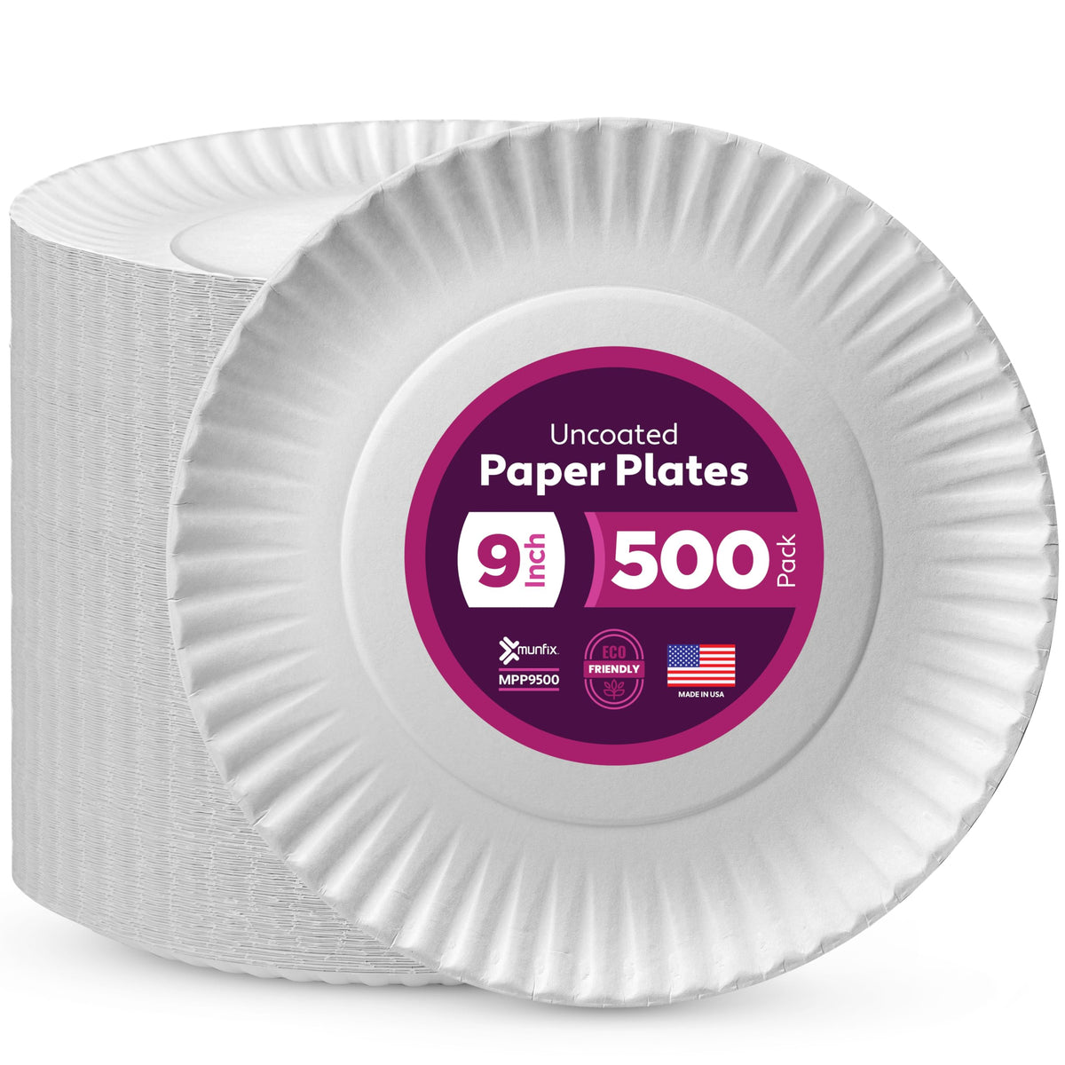 500 Uncoated Paper Plates 9 Inch, Everyday Disposable White Dinner Plates