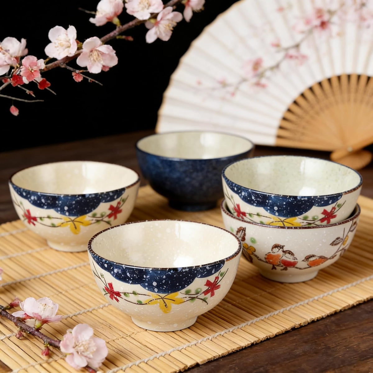 clothmile 4.5 Inch Japanese Retro Rice Bowls Set of 6 Japanese Style Hand-Painted Floral Plum Ceramic Bowls for Cereal, Soup, Dessert, Snack, Fruit, Salsa for Xmas Holiday Present