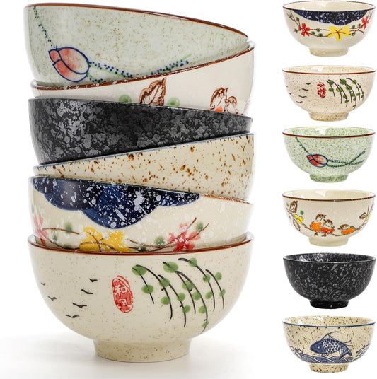6 Pack Retro Ceramic Bowls, 4.5 Inch Japanese Rice Bowl