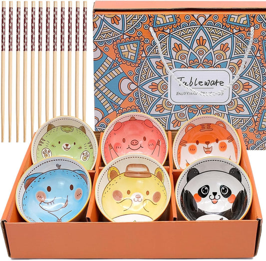 6 PCS Ceramic Rice Bowls, Cute Cartoon Small Dessert Bowl, Cereal Bowls Serving Bowl Gift Set, for Oatmeal, Ice Cream, Salads, Soups