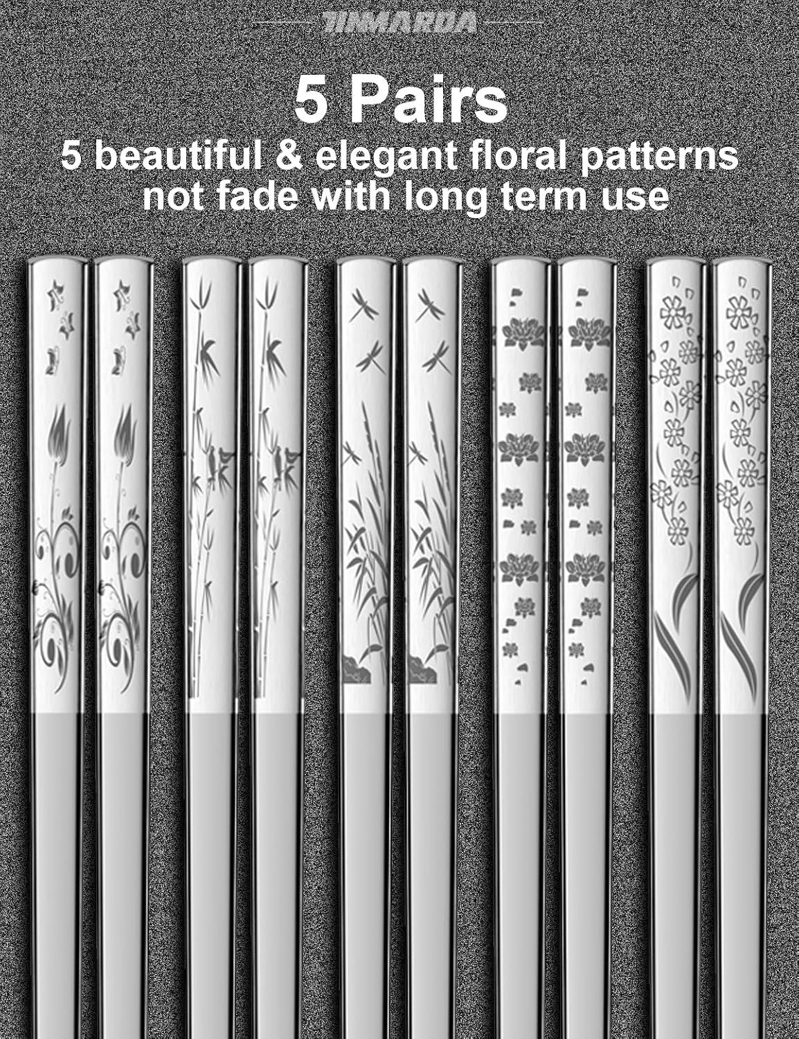 Metal Chopsticks Reusable 18/8 Stainless Steel Sleek Engraving Patterns Chop Sticks Reusable Dishwasher Safe Non-Slip Chopsticks+Flower Silver 5 Pairs