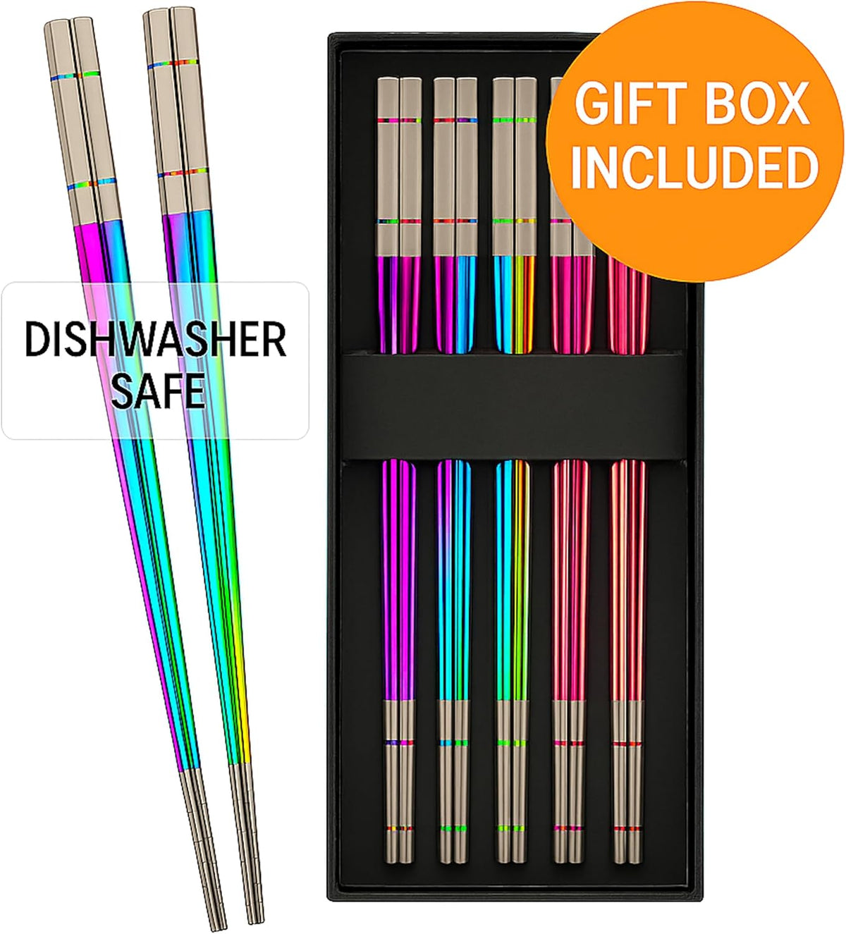 Albino Monkey Rainbow Metal Chopsticks Reusable Stainless Steel (5 Pairs)