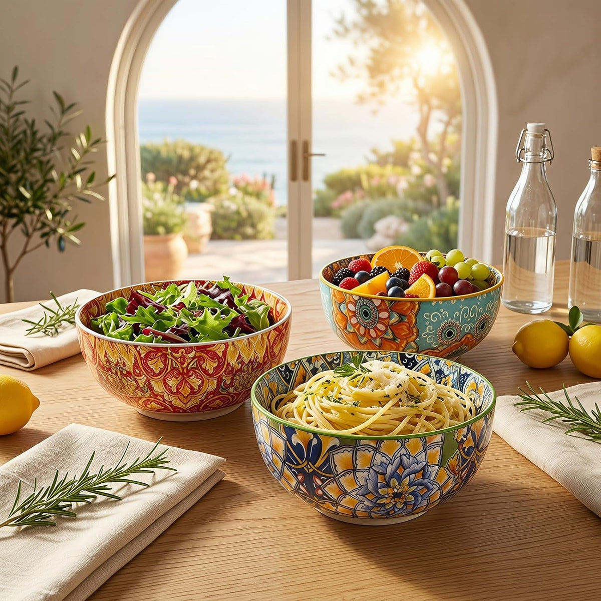 Boho Bowl Set of 6, 28 oz Colorful Ceramic Soup Cereal Bowls, Pasta