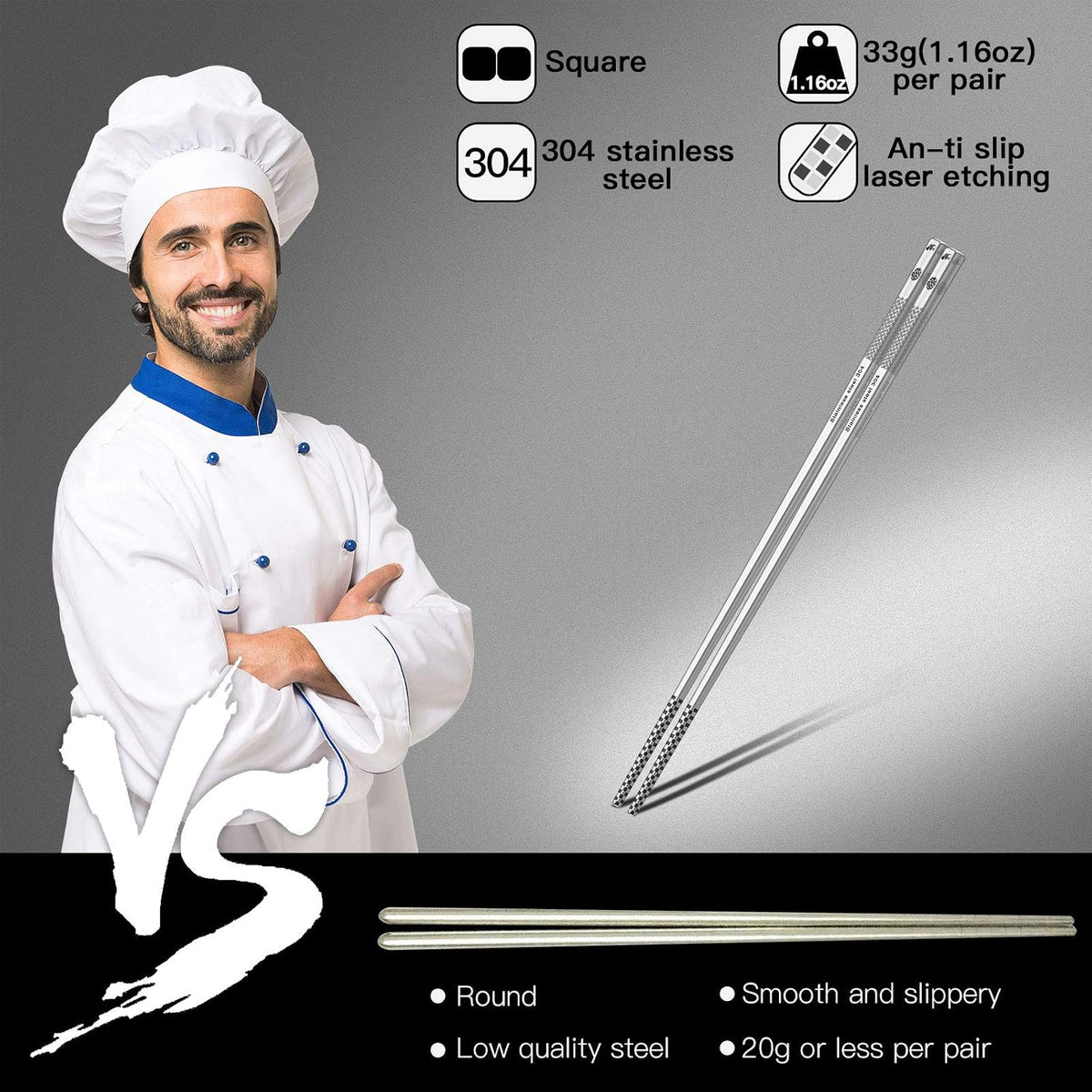 Metal Chopsticks Reusable 18/8 Stainless Steel Chopsticks Multipack Dishwasher Safe Chop Sticks Cute Laser Engraved Non-slip Japanese Korean Chopstick for Cooking Eating 9 1/4 Inches 5 Pairs Gift Set