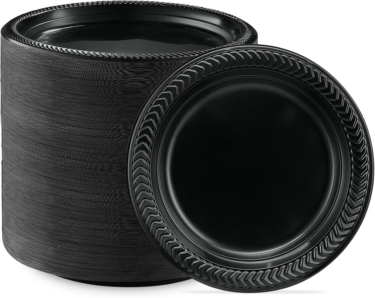 PLASTICPRO 100 PCS Black Plastic Plates Light Weight 9 Inch Plastic Dinner Plates Black Plates Disposable for Party and Wedding