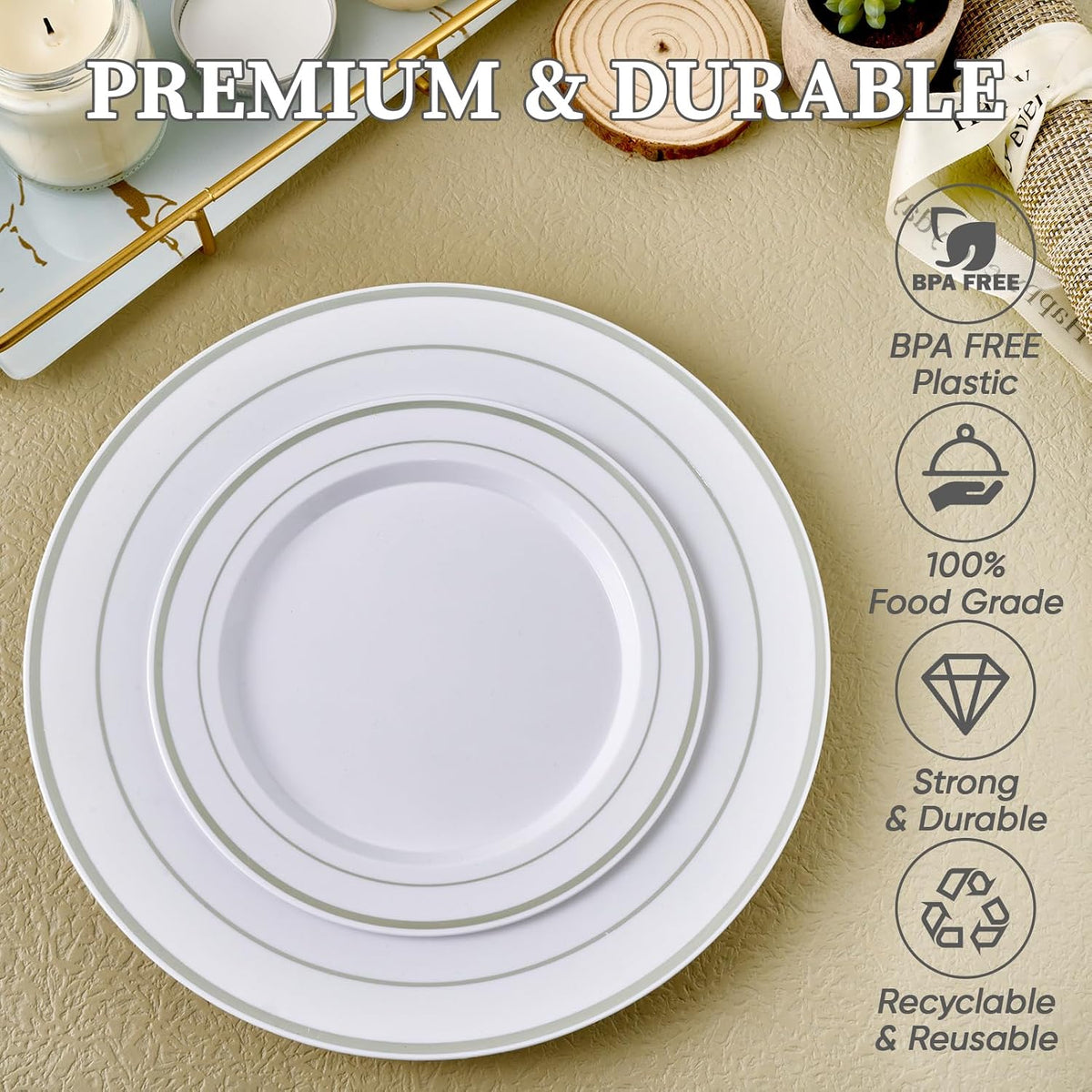 FOCUSLINE Silver Plastic Plates Set of 60,Disposable Plates with Silver Rim