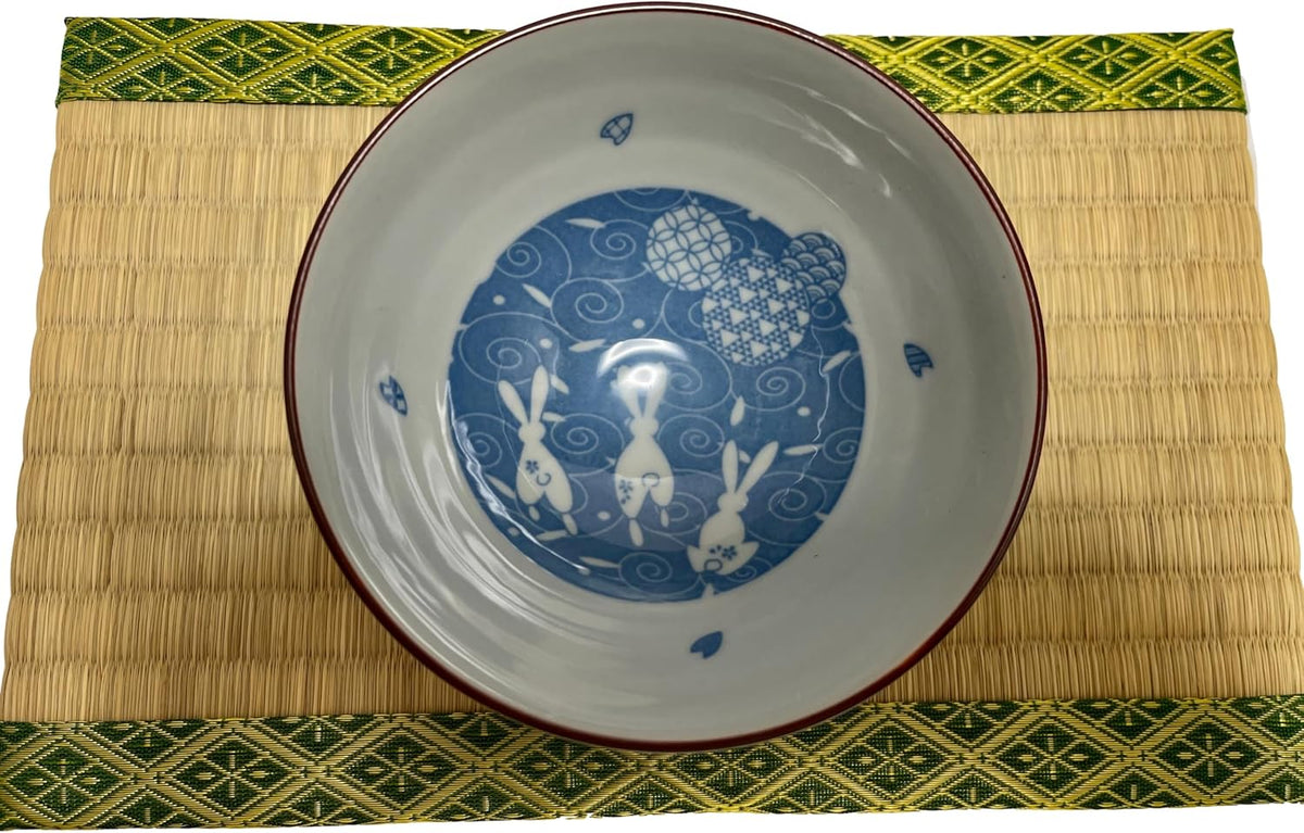 Japanese Mino Ware Ceramic Rice Bowl Set, 4.84 Inches Diameter x H2.56 Inches, 13.3 Fluid Ounces Set of 2 from Japan (Rabbits and Flowers Design)