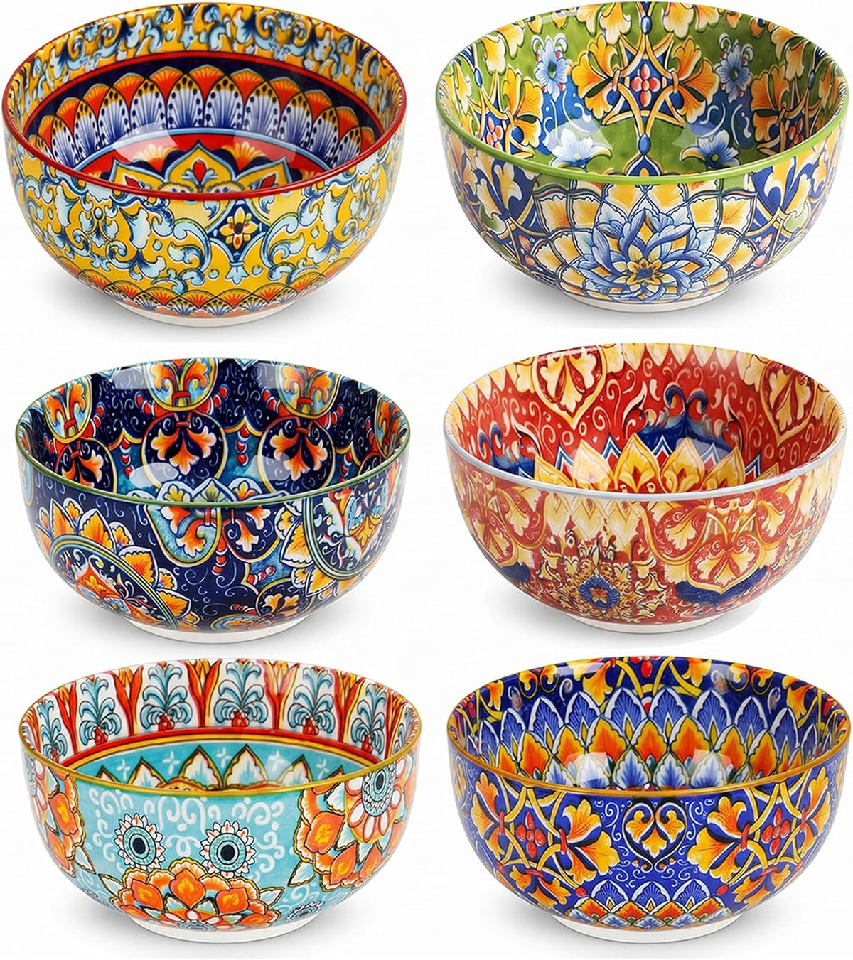 Boho Bowl Set of 6, 28 oz Colorful Ceramic Soup Cereal Bowls, Pasta