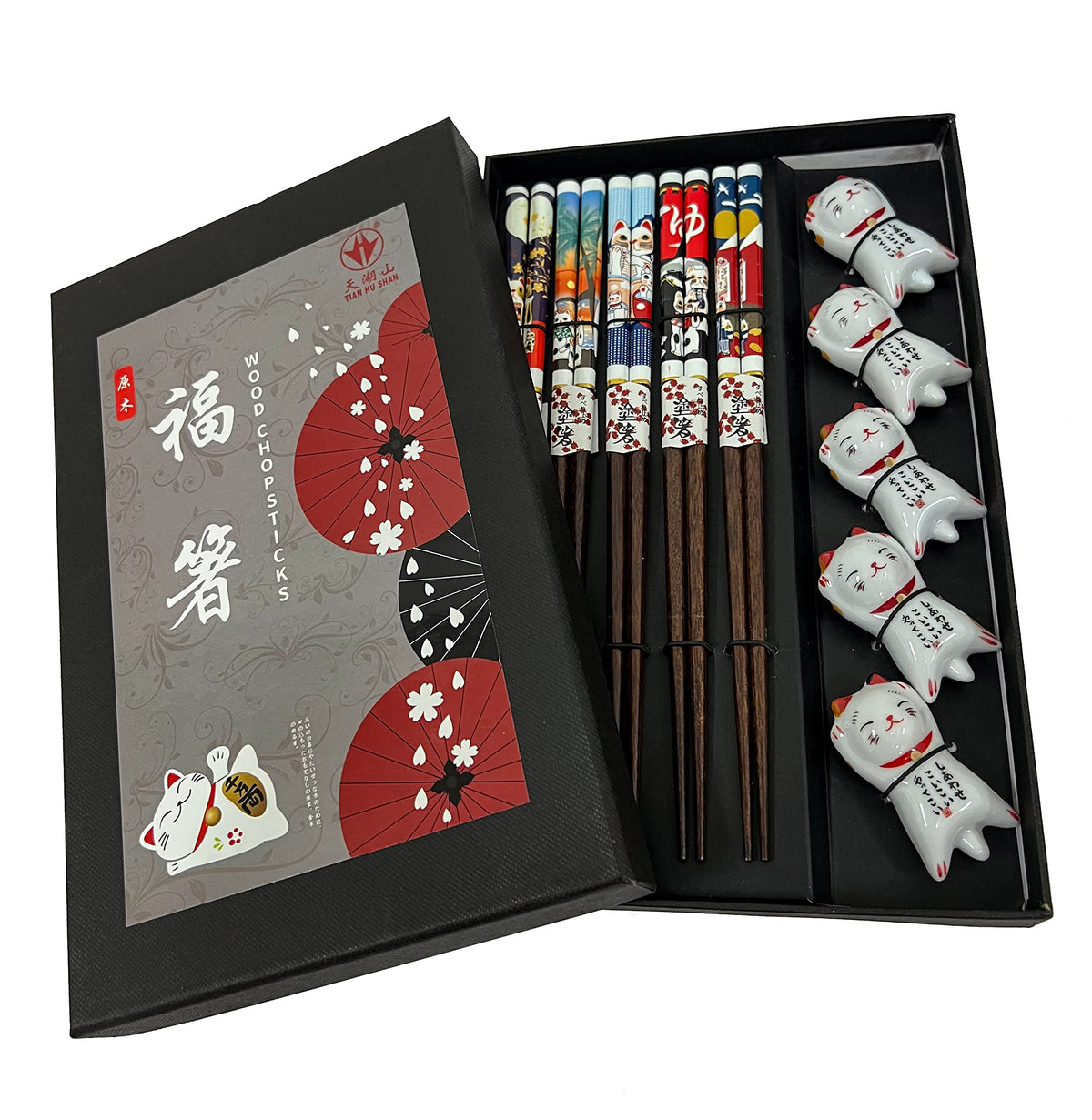 Wooden Chopsticks Reusable 5 Pairs Gift Set with 5pcs porcelain rest Panda and Green Bamboo Design Hand-Made 8.8 Inch/22.5cm