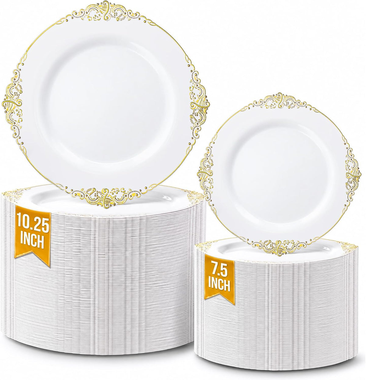 Nervure 200Pcs White Gold Plastic Plates, Disposable Plates for 100 Guests