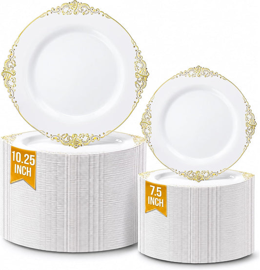 Nervure 200Pcs White Gold Plastic Plates, Disposable Plates for 100 Guests