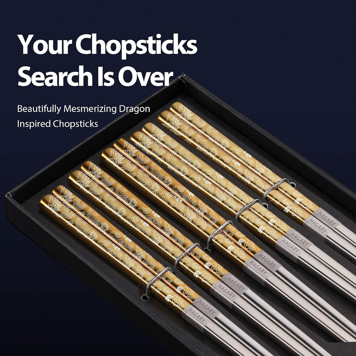 Hagary Dragon Chopsticks Metal Reusable Designed In Korea Japanese Style Stainless Steel 316 18/10 Non-Slip Dishwasher Safe Laser Etched (Gold - 5 Pairs)