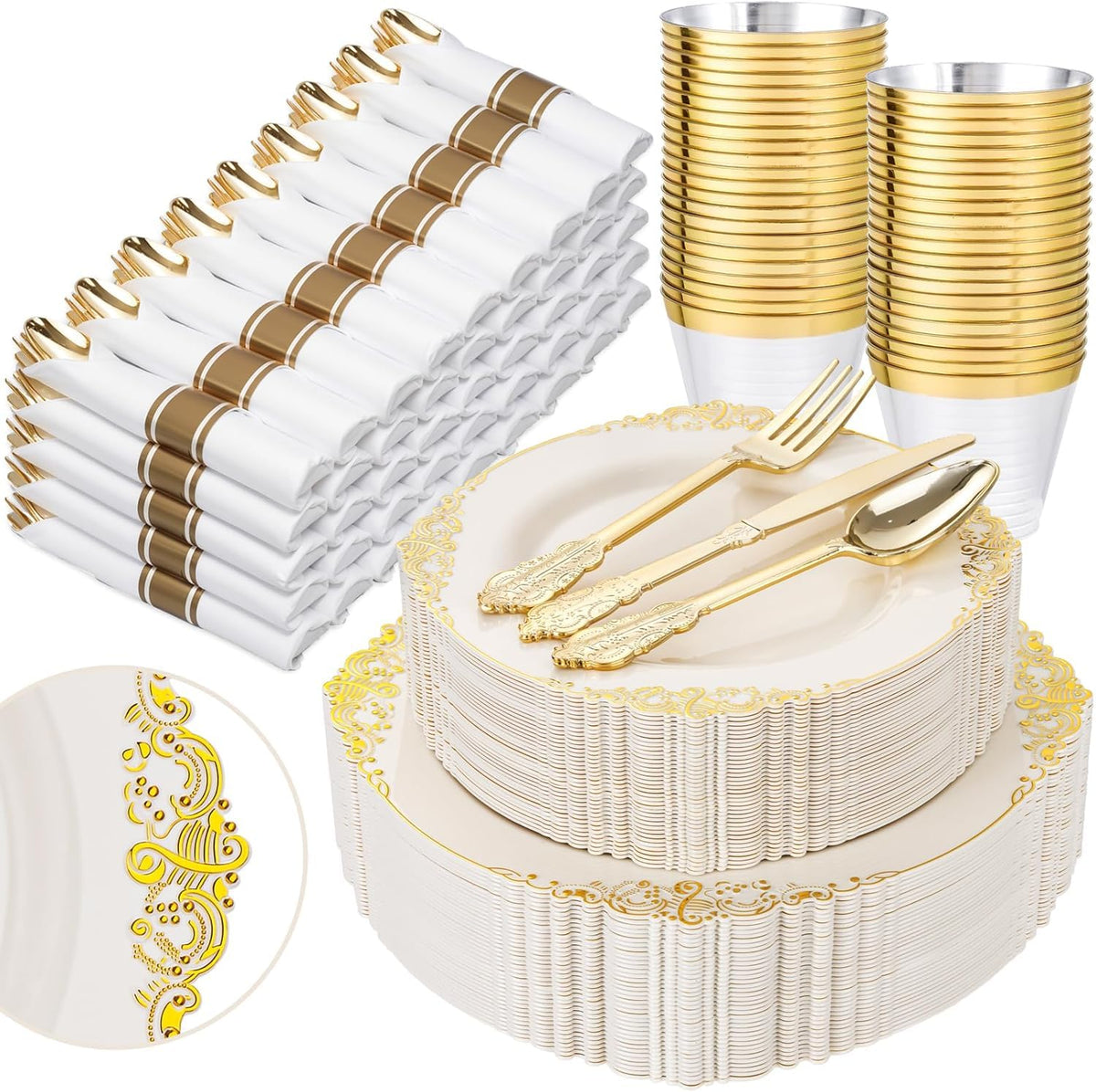 Nervure 350Pcs Gold Plastic Plates, Disposable Dinnerware Set for 50 Guests
