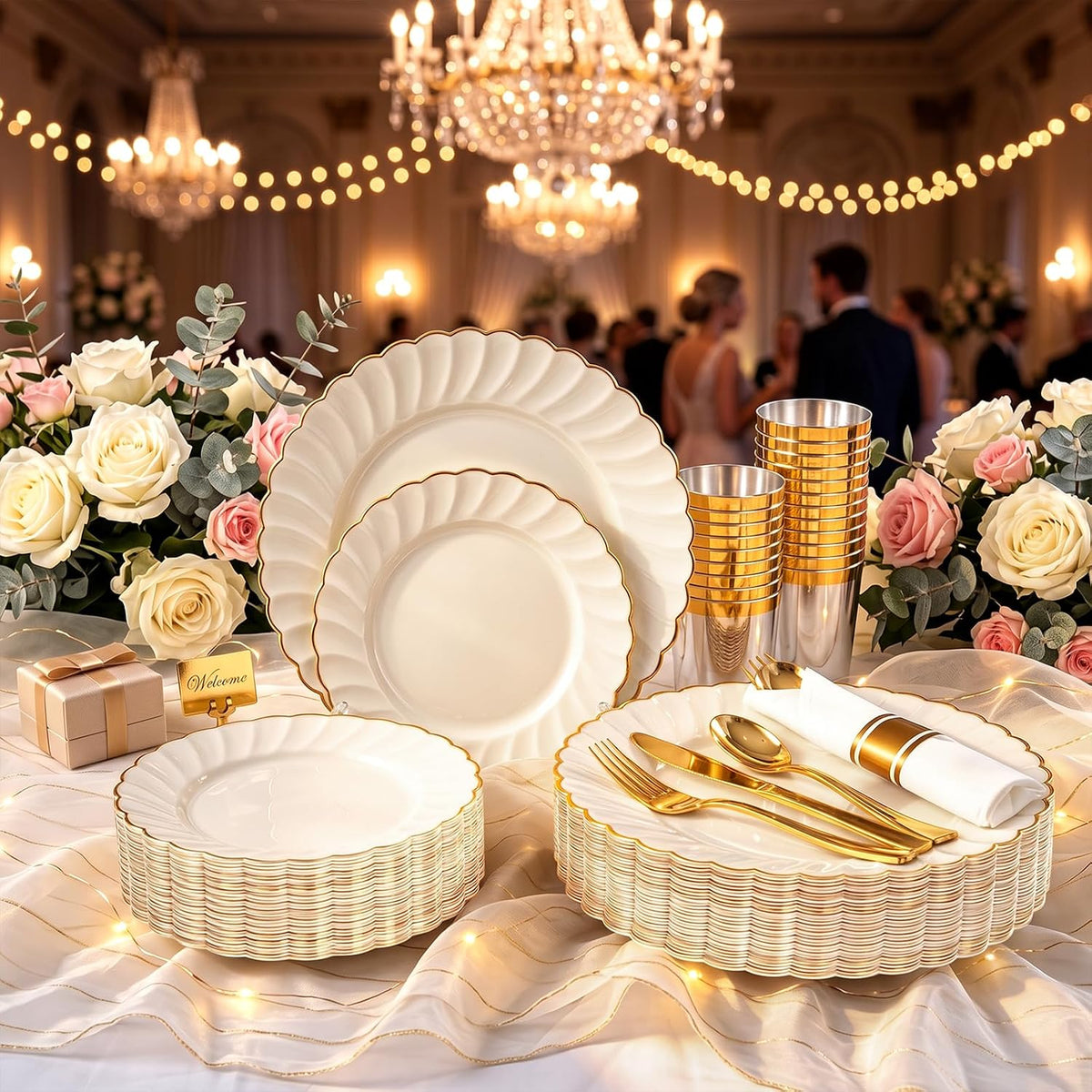 YOUBET 350PCS Ivory Scalloped Plastic Plates for Wedding Party