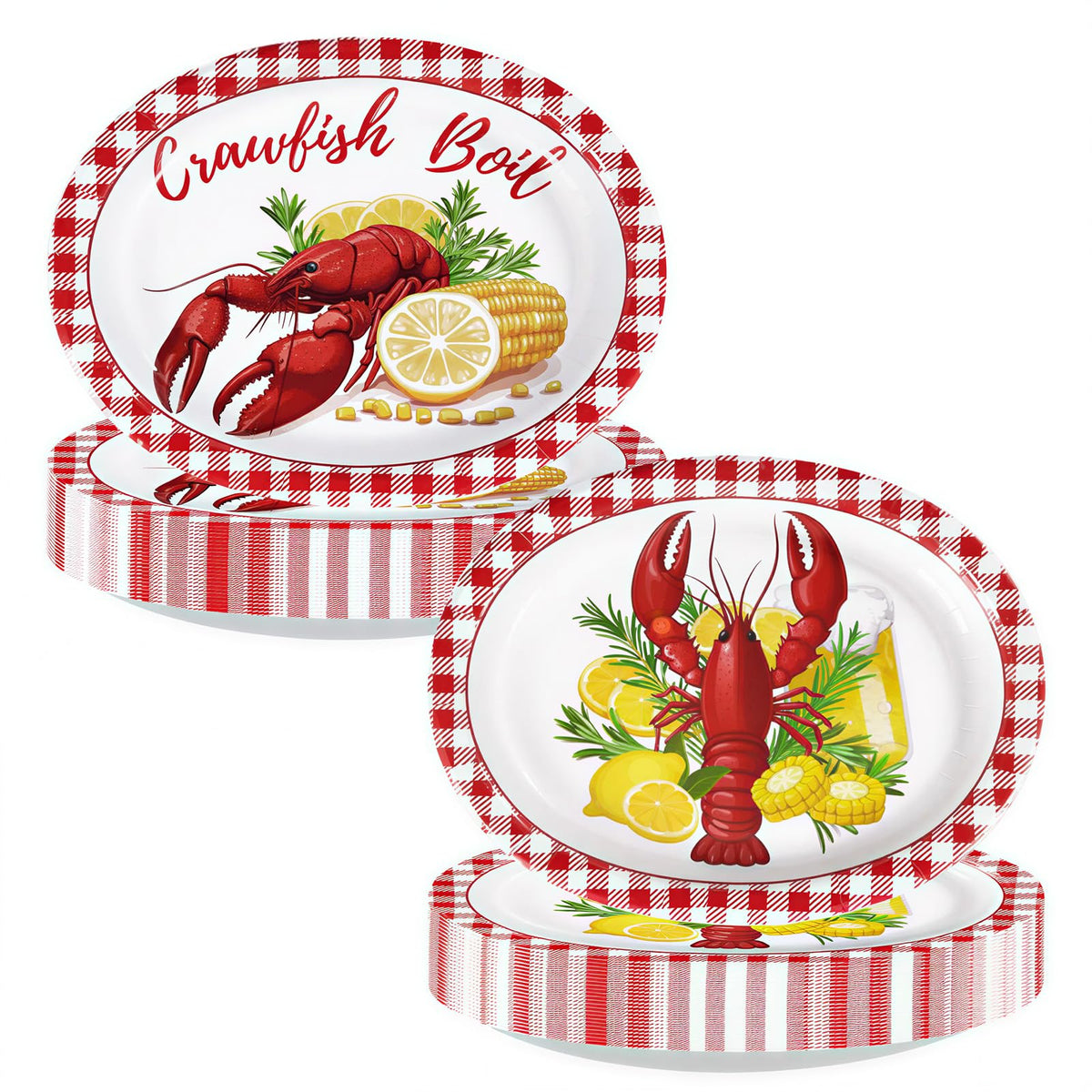 50Pcs Gingham Oval Paper Plates 10" x 12" Large Disposable Heavy Duty Red and White Buffalo Checked Plaid Dessert Platter Sturdy Plates for Fall Pizza Picnic BBQ Baby Shower Birthday Party Supplies