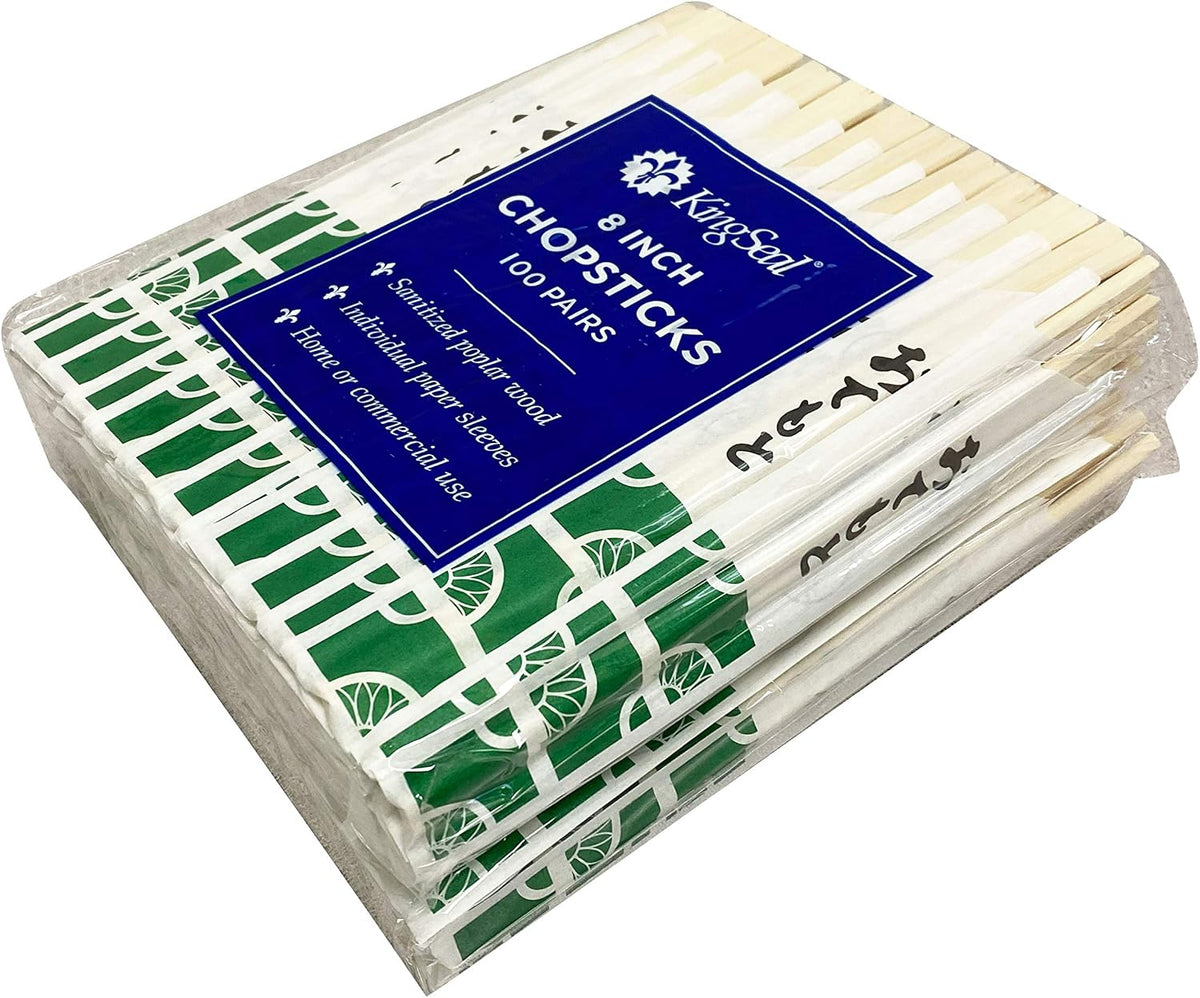 200 Count | KingSeal 8 Inch Natural Poplar Disposable Wood Chopsticks, Paper Sleeve, Waribashi, Bulk Pack - 2 Packs x 100 Pairs
