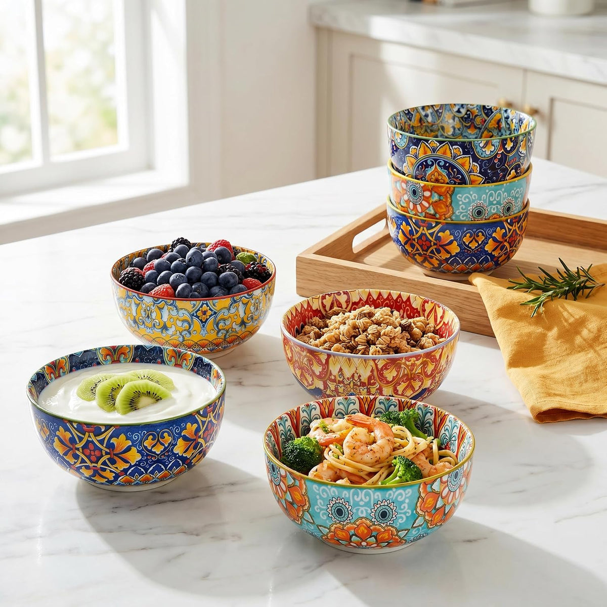 Boho Bowl Set of 6, 28 oz Colorful Ceramic Soup Cereal Bowls, Pasta