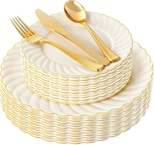 YOUBET 125PCS Ivory Scalloped Plastic Plates for Party Wedding