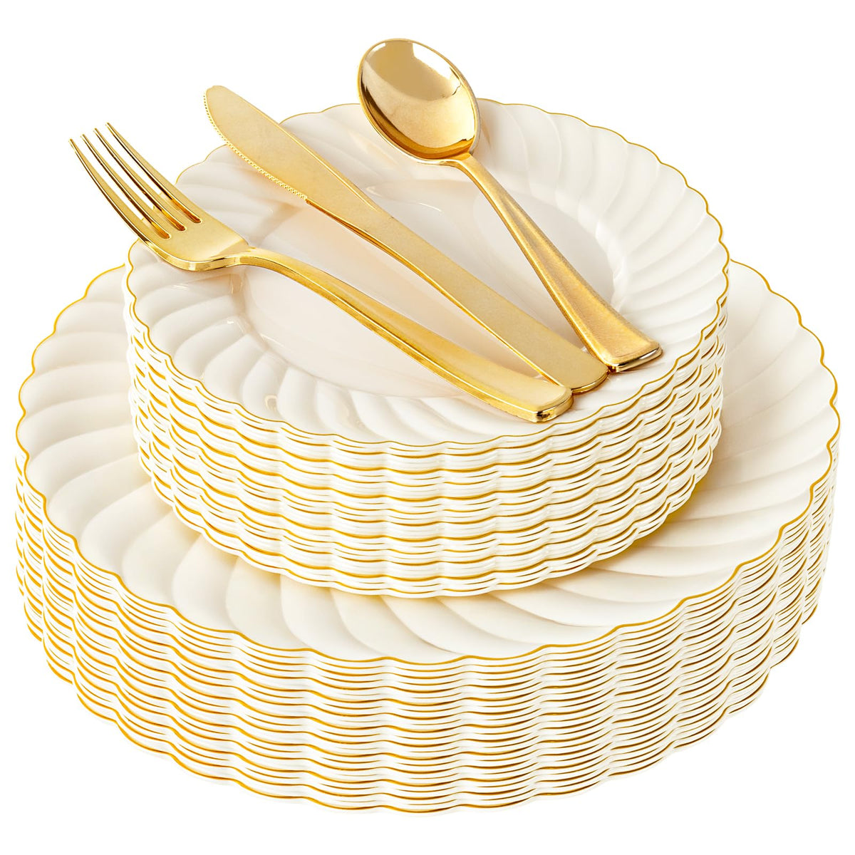 YOUBET 125PCS Ivory Scalloped Plastic Plates for Party Wedding