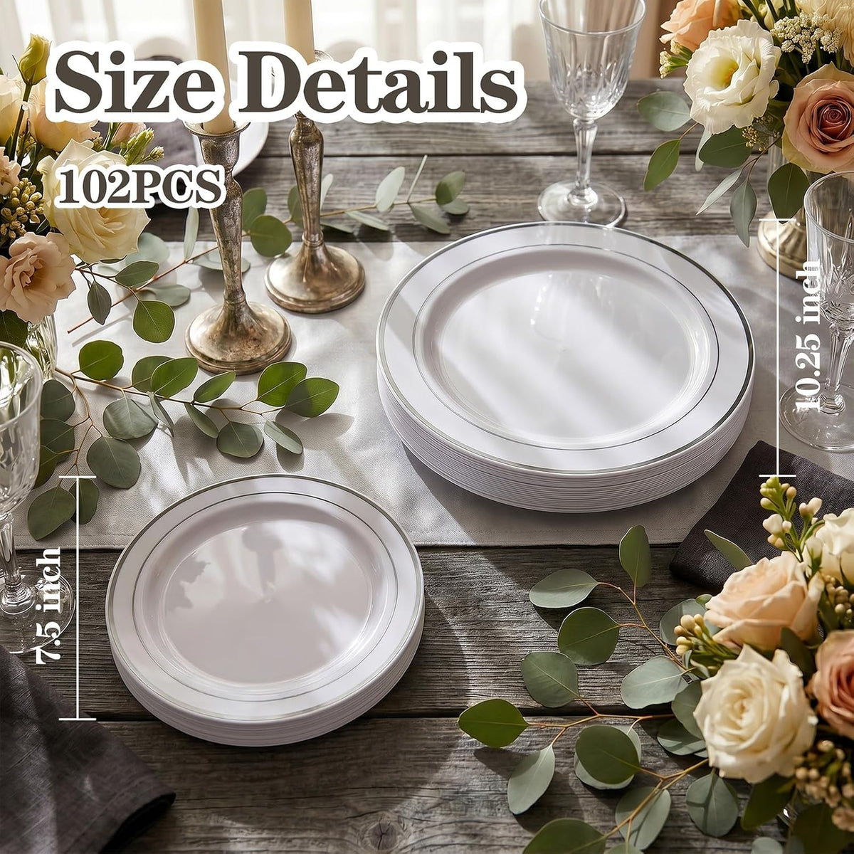 I00000 102 Pcs Silver Plastic Plates, Premium Silver Disposable Plates