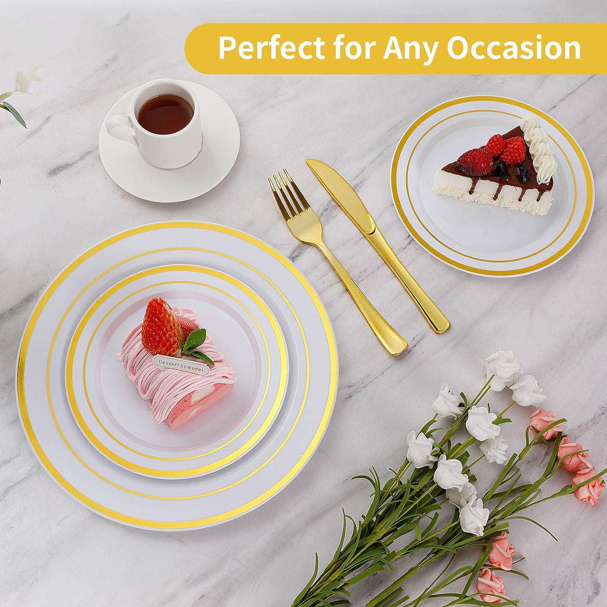 Goodluck 200PCS Gold Plastic Plates, Heavy Duty Disposable Gold Plates
