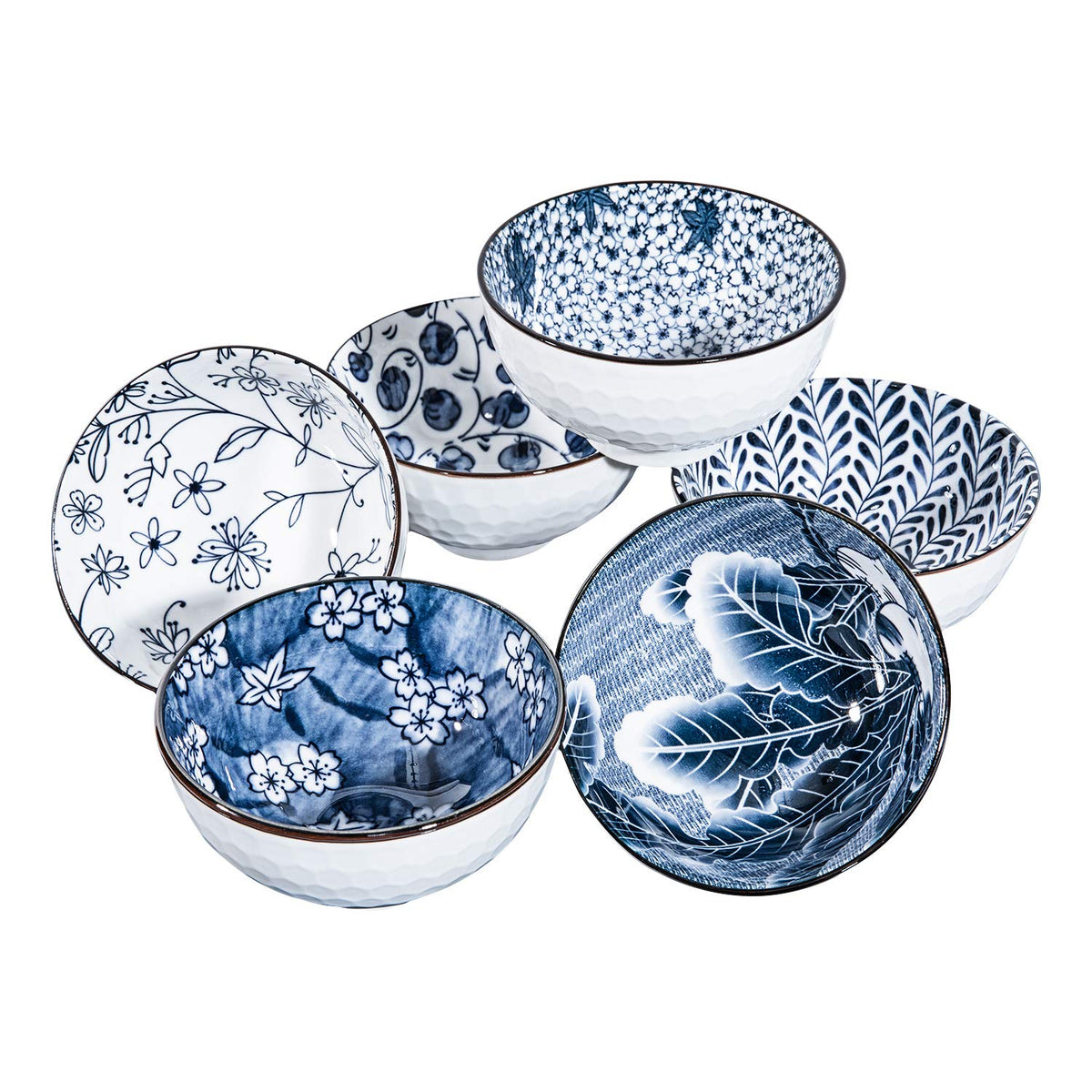 Japanese Style Ceramic Rice Bowls,10 Ounces Small Salad,Soup,Ice Cream Snack Dip Bowl Set of 6,Blue and White Floral Microwave Safe for Kitchen (4.5 inch)
