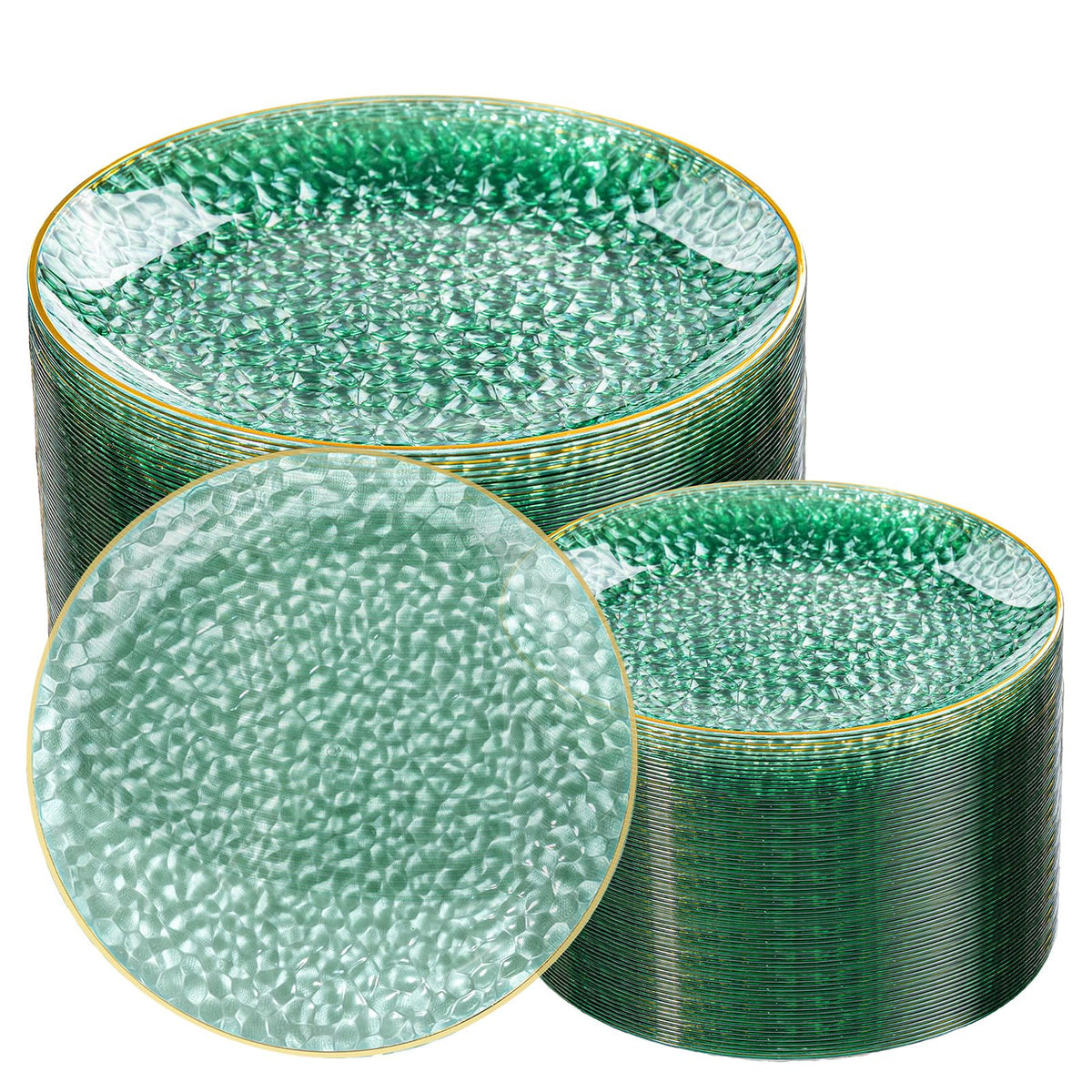 Rubtlamp 100Pcs Clear Gold Plastic Plates, Disposable Plates With Gold Rim, Heavy-duty Party Platos, Hammered Plastic Plates Include 50 Clear Dessert Plates, 50 Dinner Plates for Party