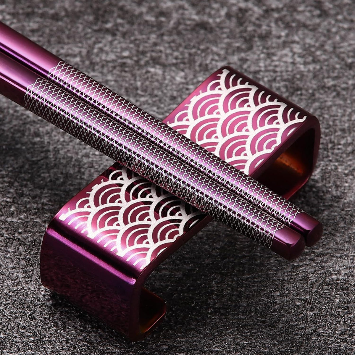 Metal Chopsticks Reusable 2 Pairs Titanium Stainless Steel 18/8 Chopsticks with Holder, Dishwasher Safe Lightweight Japanese Style Chopsticks Gift Set (Purple)