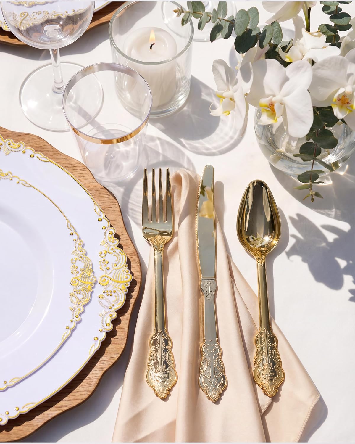 Nervure 200Pcs White Gold Plastic Plates, Disposable Plates for 100 Guests