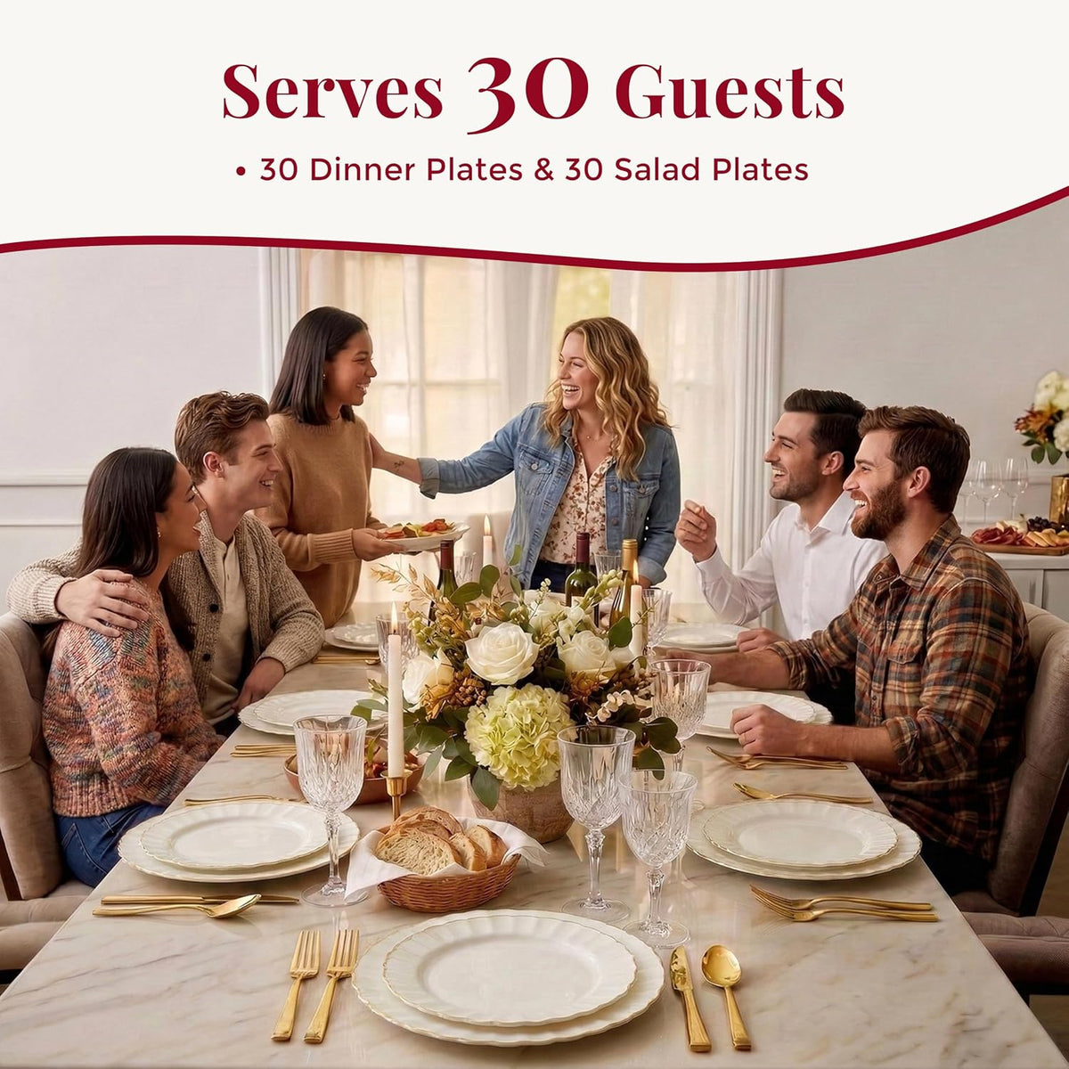 By Madee HEAVYWEIGHT Ivory Gold Scalloped Disposable Plates for Party 60 Pc