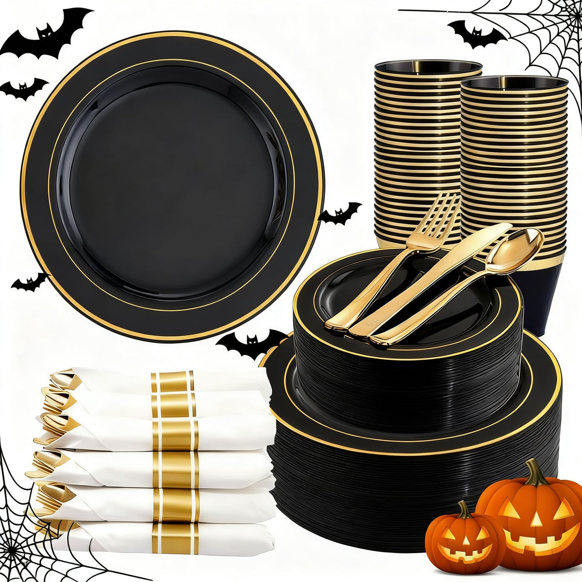WDF Partyware 350Piece Gold Dinnerware Set for 50 Guests - Gold Plastic Plates with Disposable Cutlery - 50Dinner Plates-50Dessert Plates-50Pre Rolled Napkins with Silverware for Wedding/Birthday