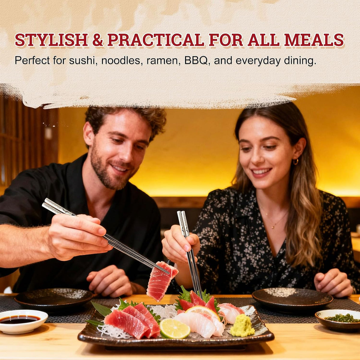 52USA Stainless Steel Chopsticks Gift Box, 5 Pairs – Reusable, Dishwasher Safe, Non-Slip Design, Ideal for Sushi, Noodles, and Everyday Dining