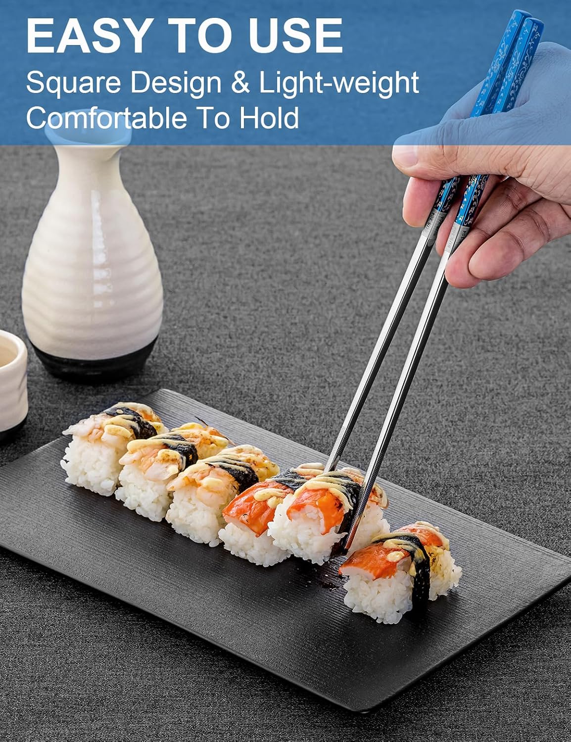 FOFAYU Metal Chopsticks Reusable 2 Pairs Titanium Plated Stainless Steel Chopsticks with Holder, Dishwasher Safe Non-Slip Japanese Style Chop Sticks Present Set (Blue Silver)