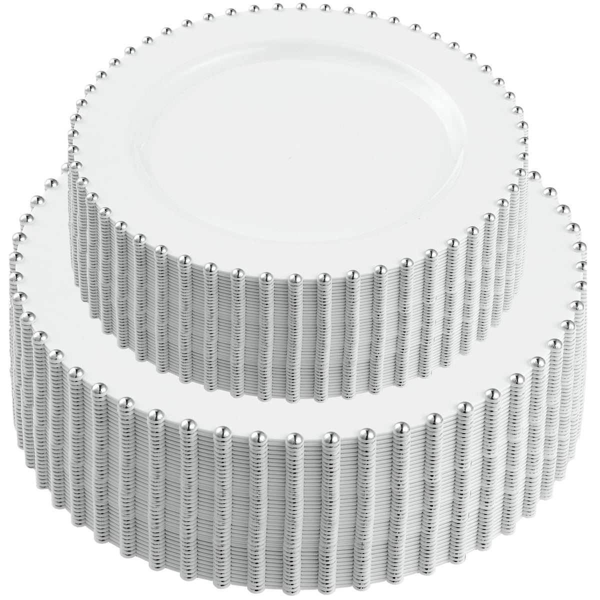 PLASTICPRO 32 Piece Combo Plastic Dinner Plates Disposable Plastic Fancy Heavy Duty Party Dishes 7 inch and 10 inch, White Beaded