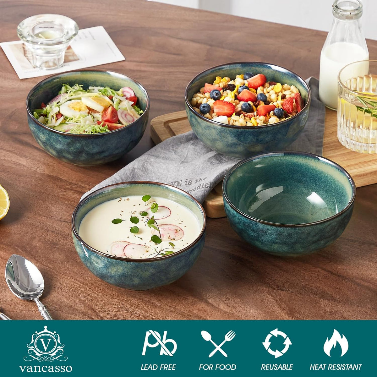 vancasso Starry 24oz Bowls for Soup, Ceramic Green bowls Set of 4
