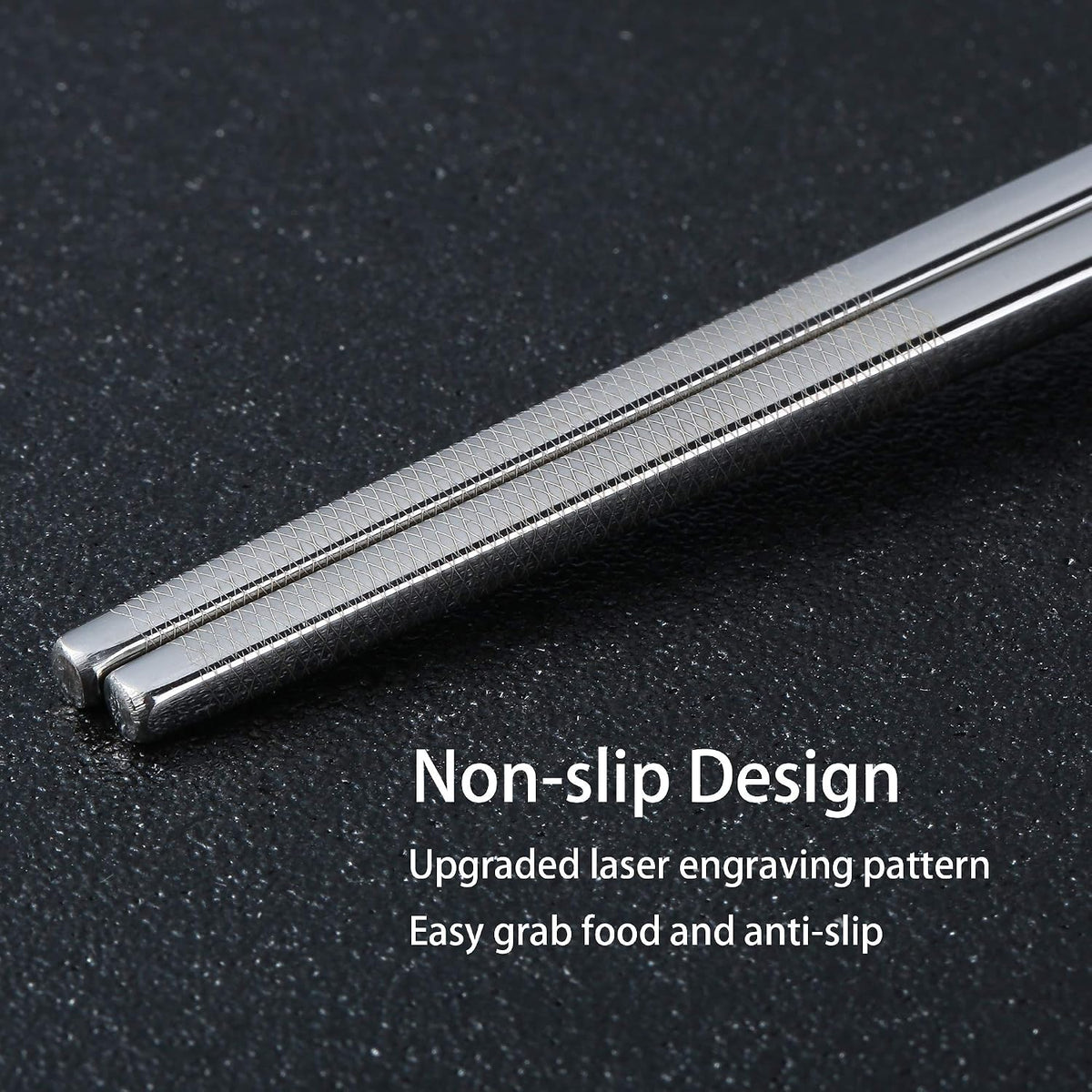Stainless Steel Chopsticks Titanium Plated Metal Chopsticks Reusable Dishwasher safe Premium Japanese Korean Chopstick Laser Engraved Anti-slip Chop Sticks for Eating 2 Pairs Gift Set Black Silver
