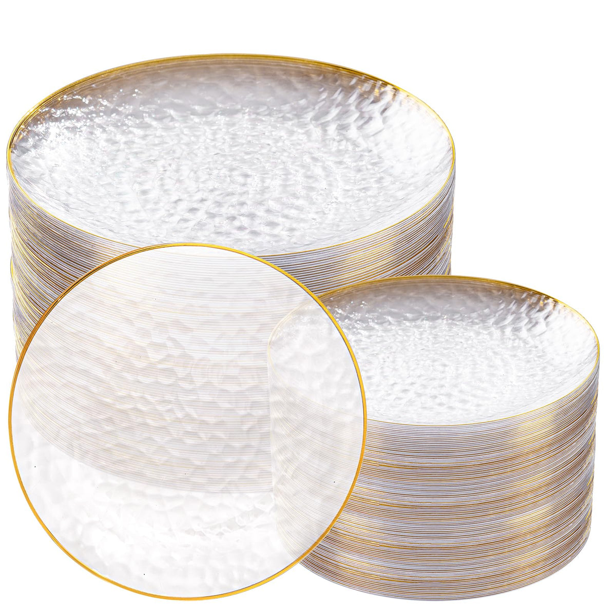Rubtlamp 100Pcs Clear Gold Plastic Plates, Disposable Plates With Gold Rim, Heavy-duty Party Platos, Hammered Plastic Plates Include 50 Clear Dessert Plates, 50 Dinner Plates for Party