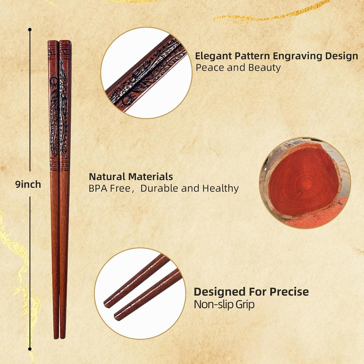 Dragon & Phoenix Beech Wood Chopsticks Set, 2 Pairs