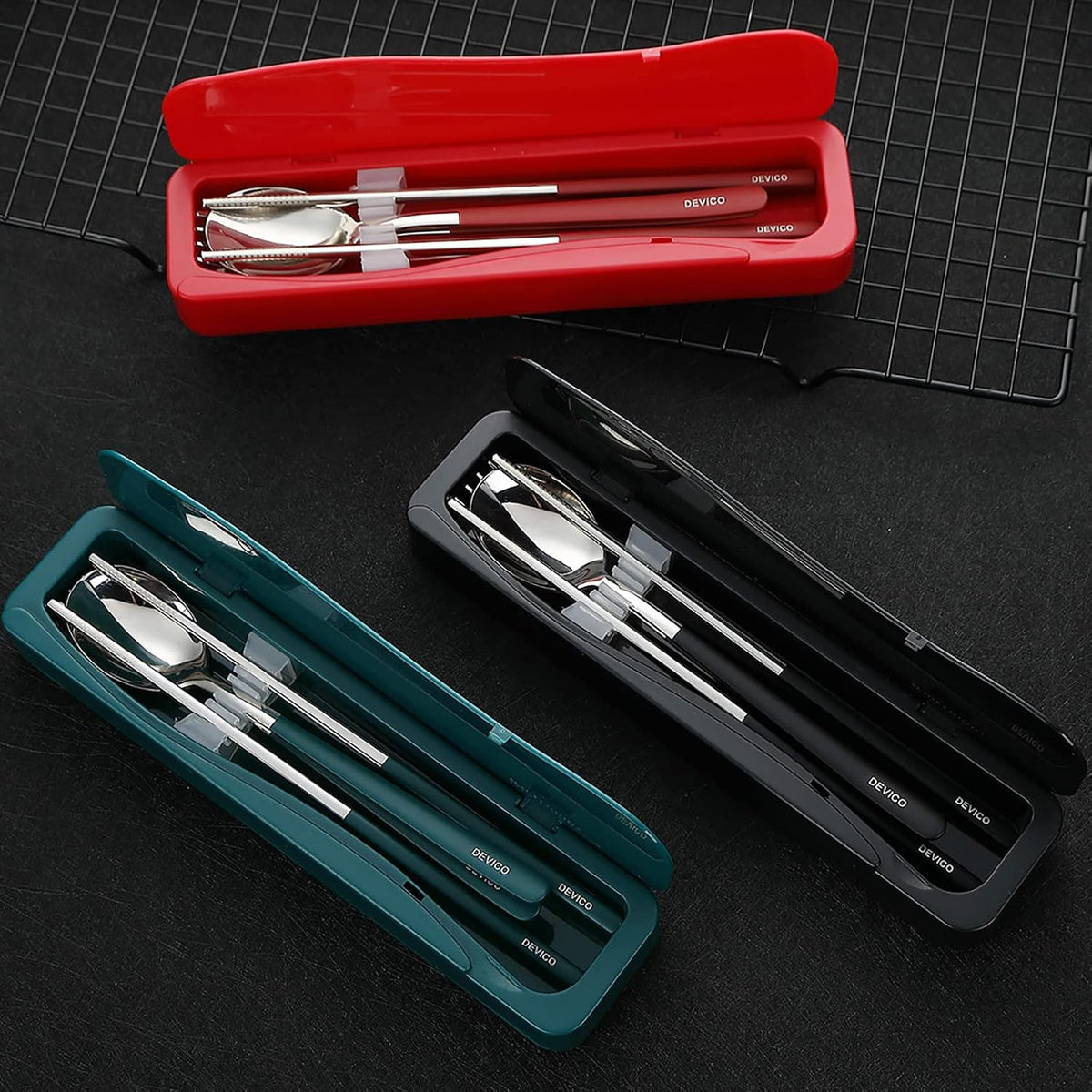 DEVICO Travel Utensils with Case, 4Pcs Portable Silverware Set for Work, 18/8 Stainless Steel Reusable Cutlery, Korean Spoon and Chopsticks Fork for Camping, School, Lunch Box Accessories (Black)