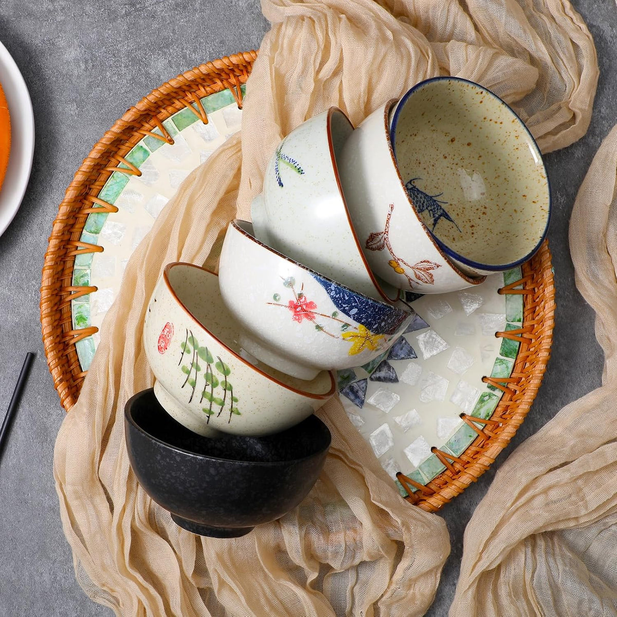Retro Ceramic Bowls Set for 6, 4.5 Inch Japanese Chinese Bowl Small Hand-Painted Floral Plum Ceramic Bowls for Soup Rice Cereal Dessert Snack Fruit Salad Noodles, Dishwasher Microwave Safe