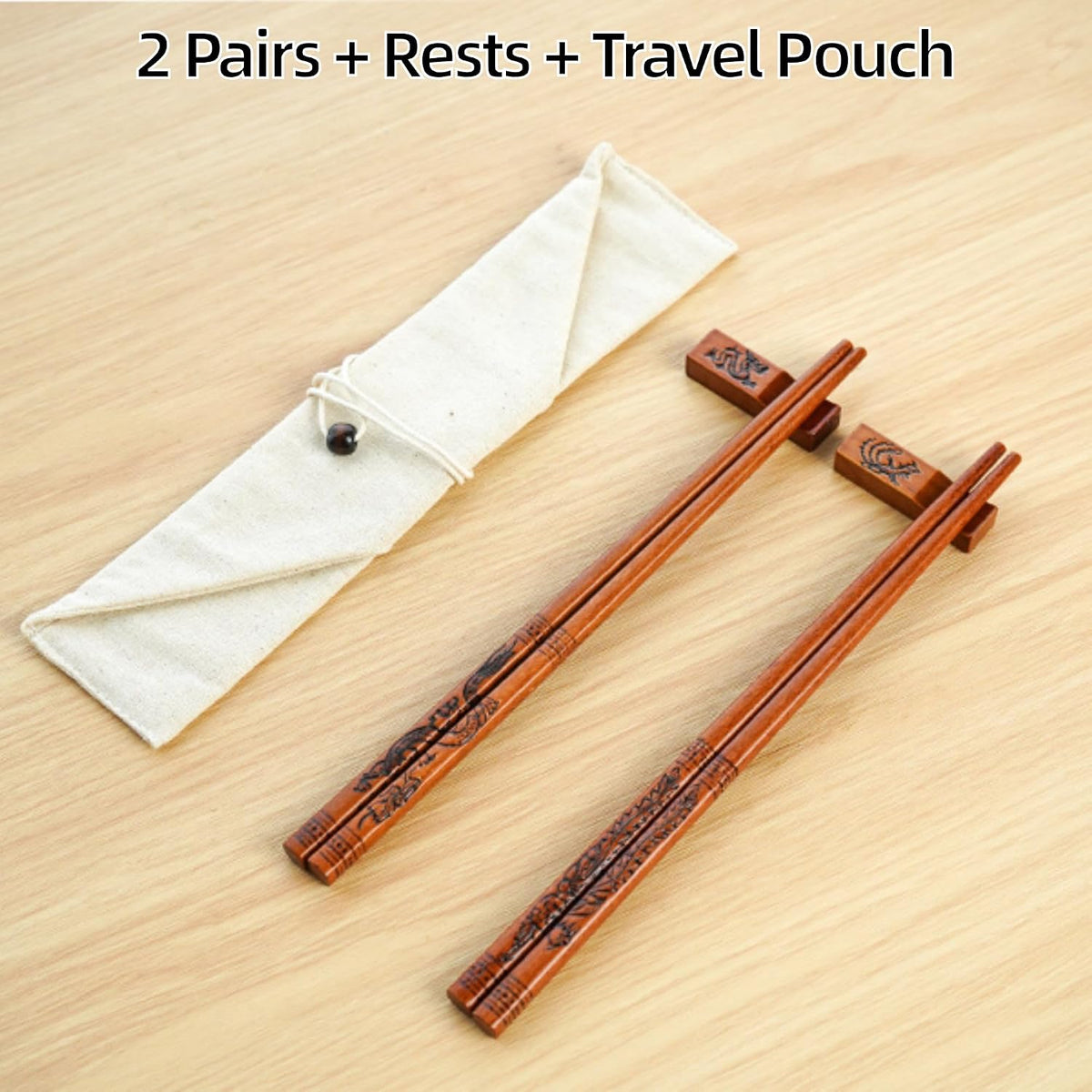 Dragon & Phoenix Beech Wood Chopsticks Set, 2 Pairs