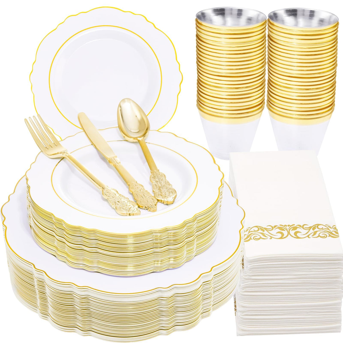 WDF Partyware 350Piece Gold Dinnerware Set for 50 Guests - Gold Plastic Plates with Disposable Cutlery - 50Dinner Plates-50Dessert Plates-50Pre Rolled Napkins with Silverware for Wedding/Birthday